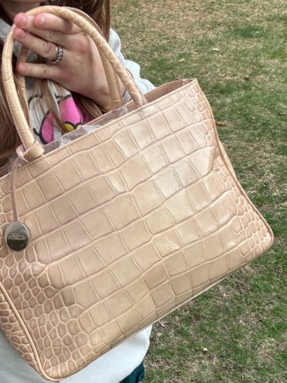 Furla Croc-Embossed Tan Leather Tote with Logo Charm - Picture 11 of 13